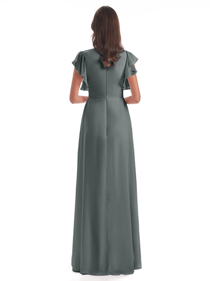 Stella Sheath Floor Length V-Neck Chiffon Bridesmaid Dresses