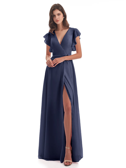 Stella Sheath Floor Length V-Neck Chiffon Bridesmaid Dresses