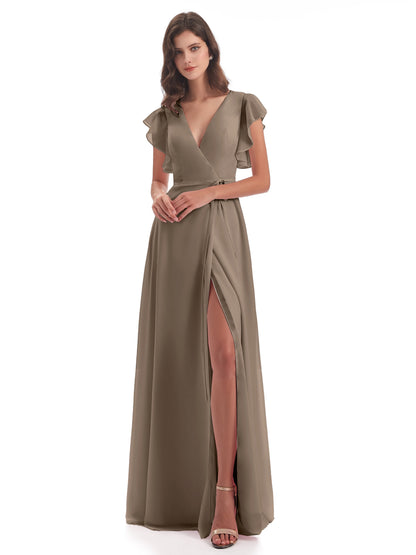 Stella Sheath Floor Length V-Neck Chiffon Bridesmaid Dresses
