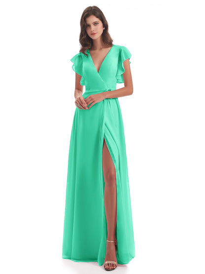 Stella Sheath Floor Length V-Neck Chiffon Bridesmaid Dresses