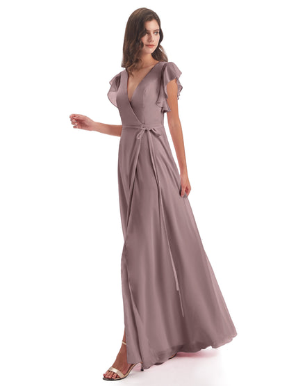 Stella Sheath Floor Length V-Neck Chiffon Bridesmaid Dresses