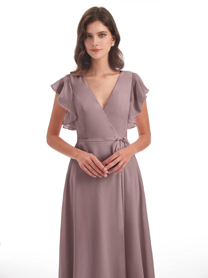 Stella Sheath Floor Length V-Neck Chiffon Bridesmaid Dresses