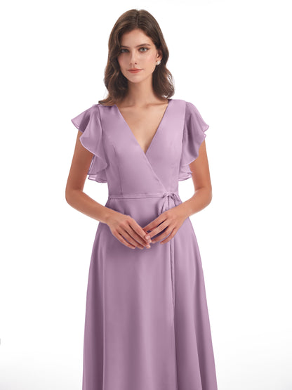 Stella Sheath Floor Length V-Neck Chiffon Bridesmaid Dresses