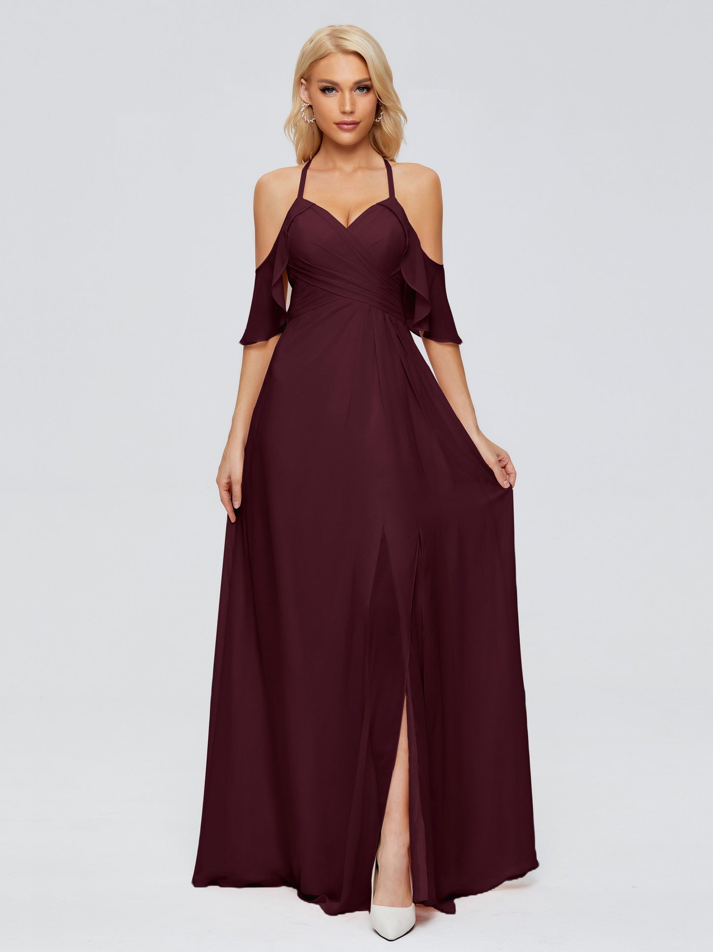 Taylor Off The Shoulder Split Chiffon Bridesmaid Dresses