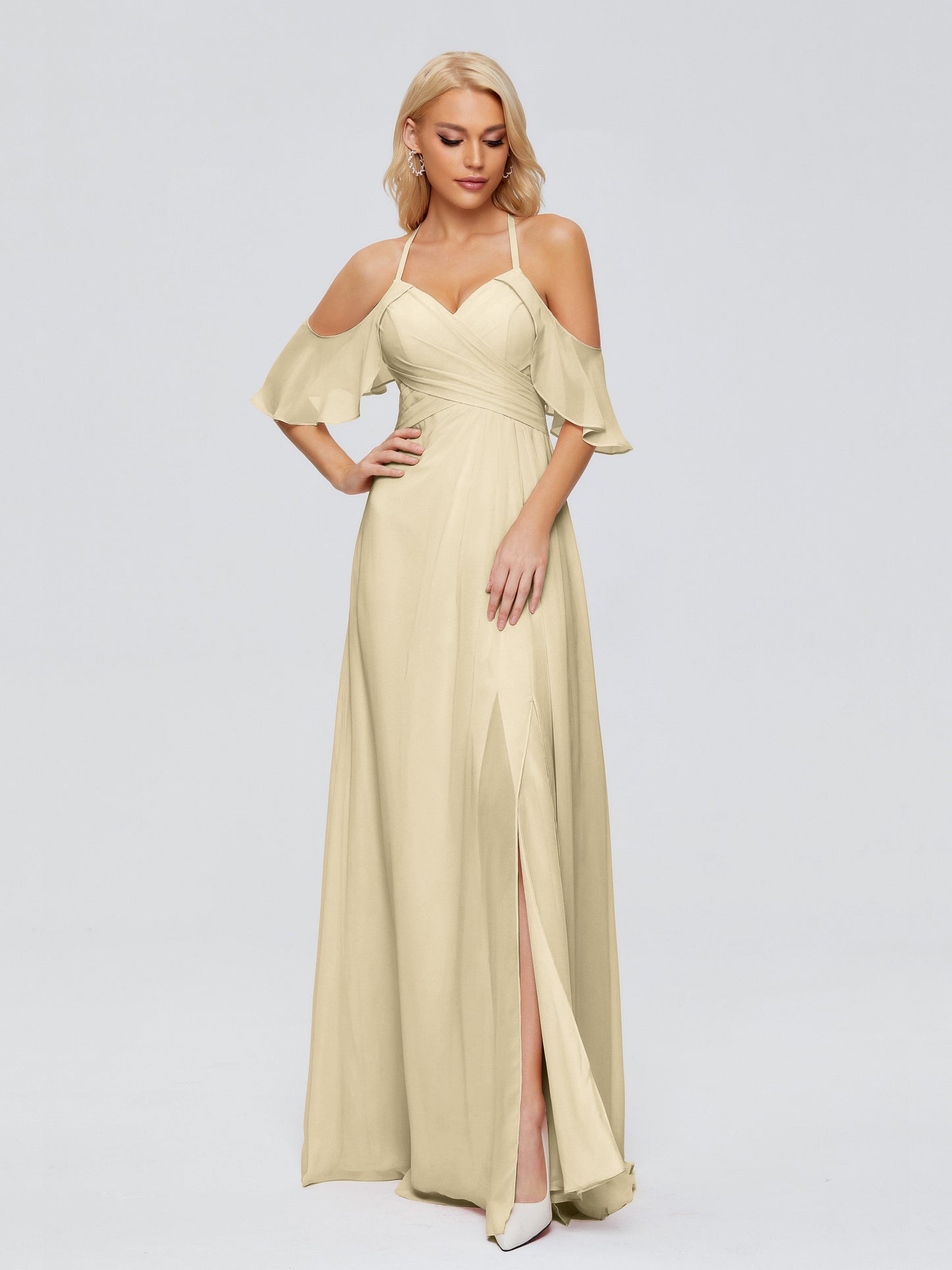 Taylor Off The Shoulder Split Chiffon Bridesmaid Dresses