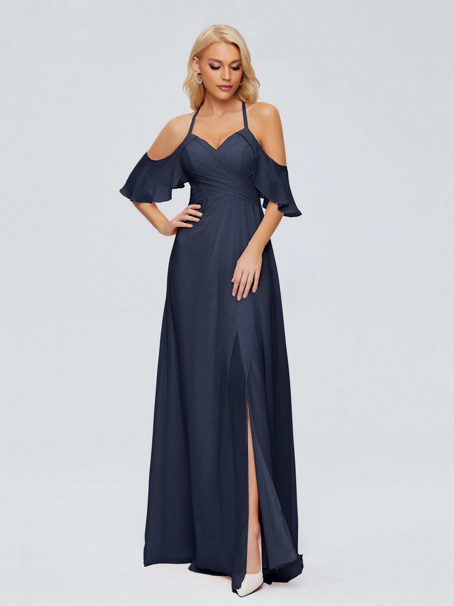 Taylor Off The Shoulder Split Chiffon Bridesmaid Dresses