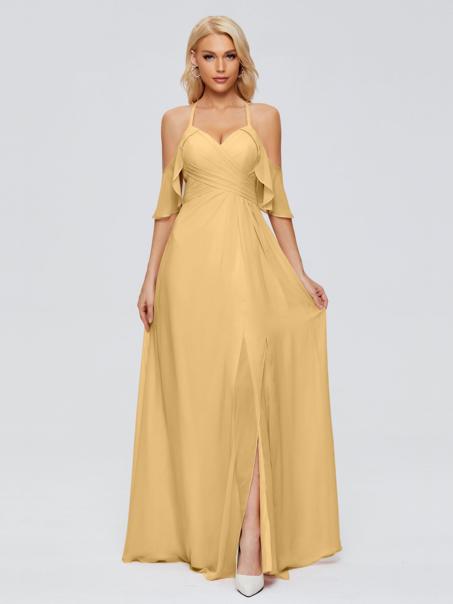 Taylor Off The Shoulder Split Chiffon Bridesmaid Dresses