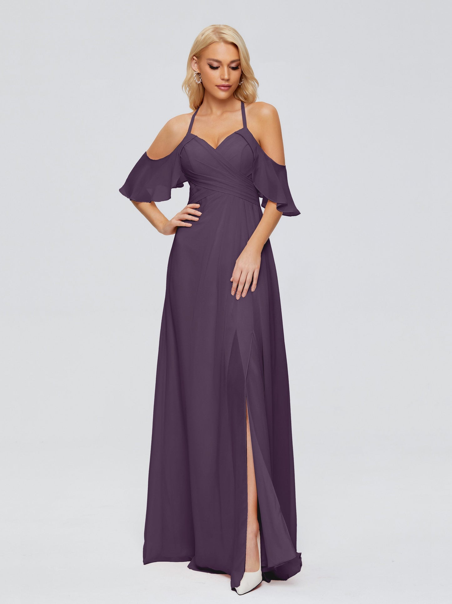 Taylor Off The Shoulder Split Chiffon Bridesmaid Dresses