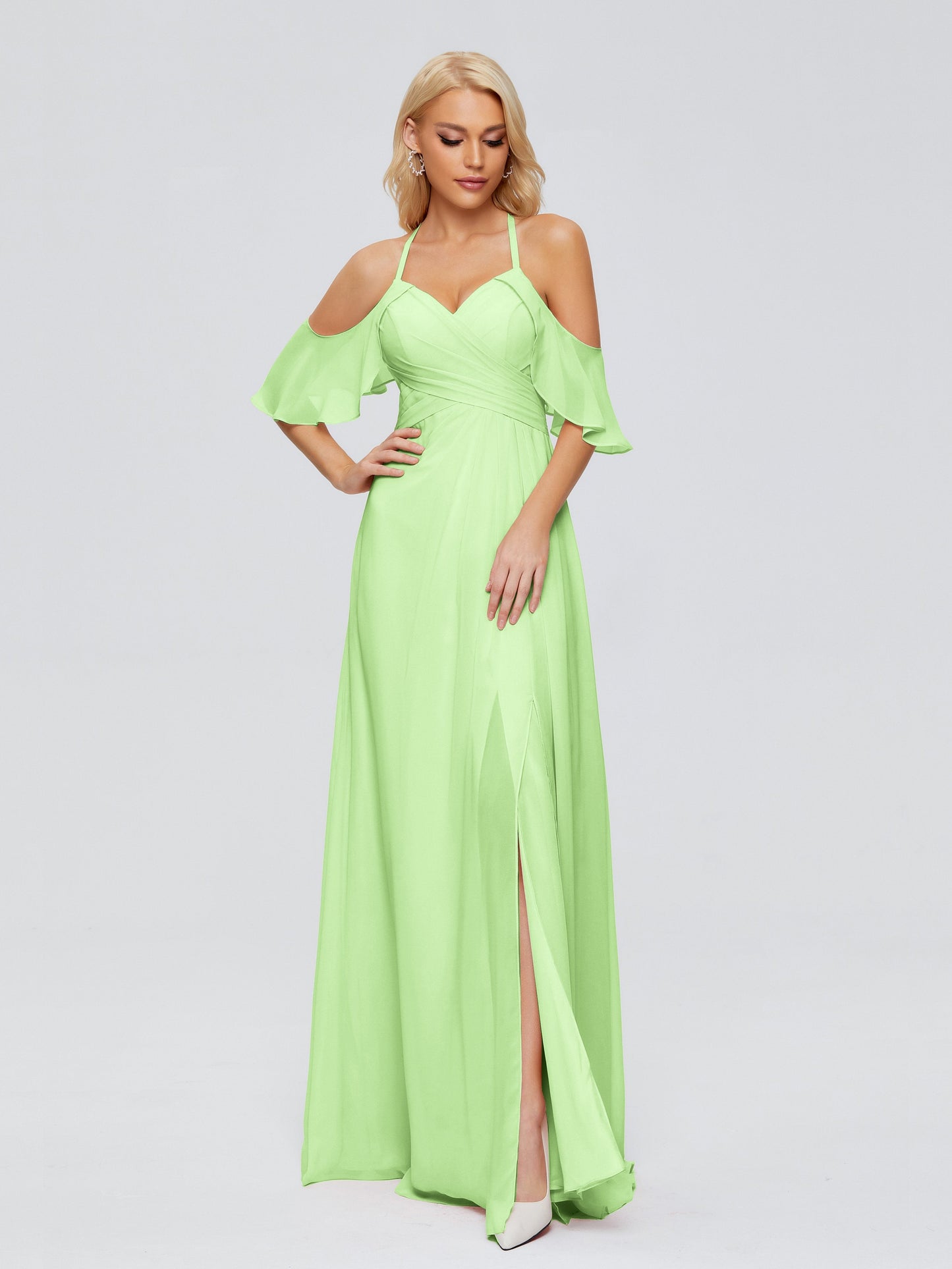 Taylor Off The Shoulder Split Chiffon Bridesmaid Dresses