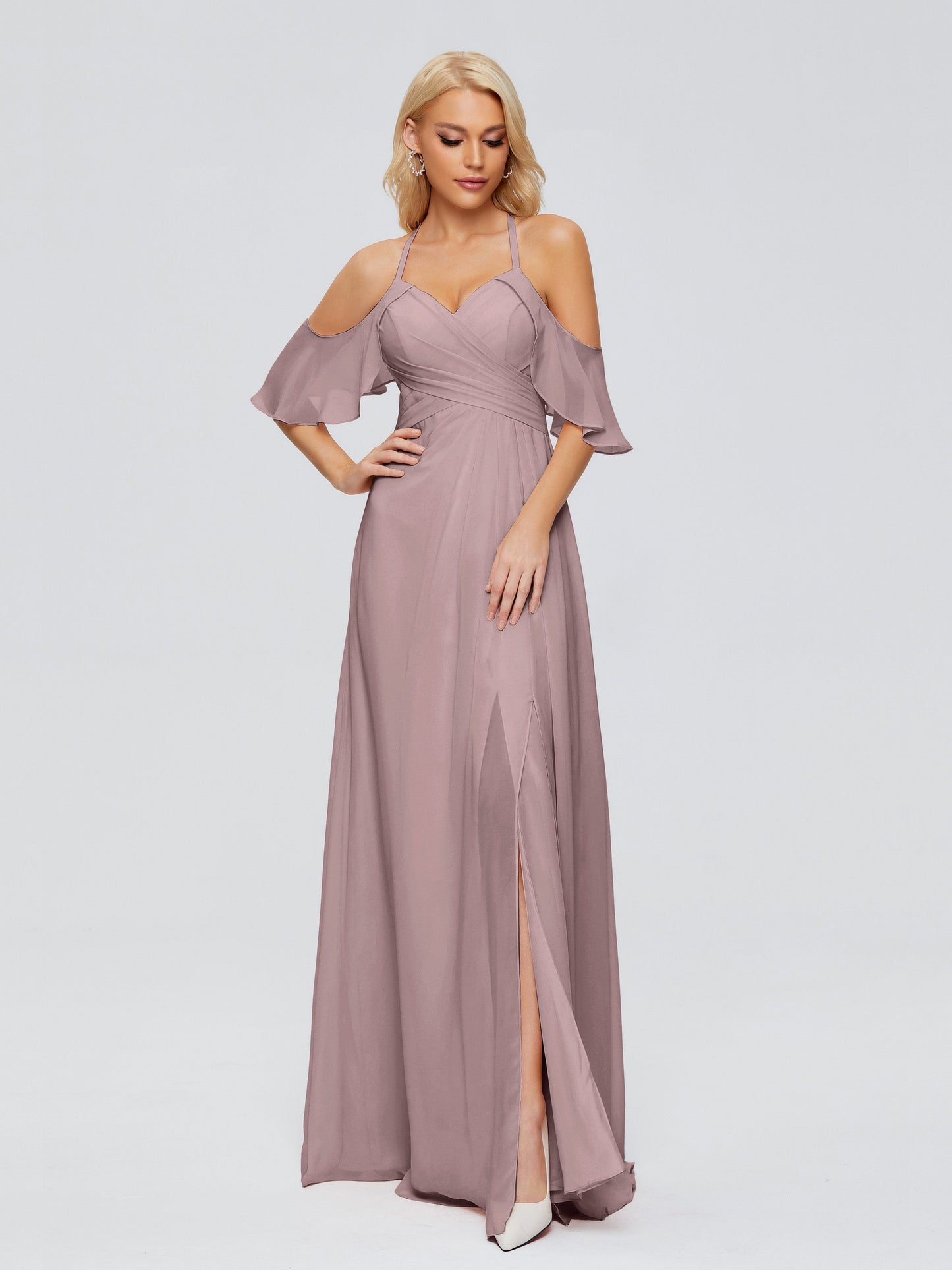 Taylor Off The Shoulder Split Chiffon Bridesmaid Dresses