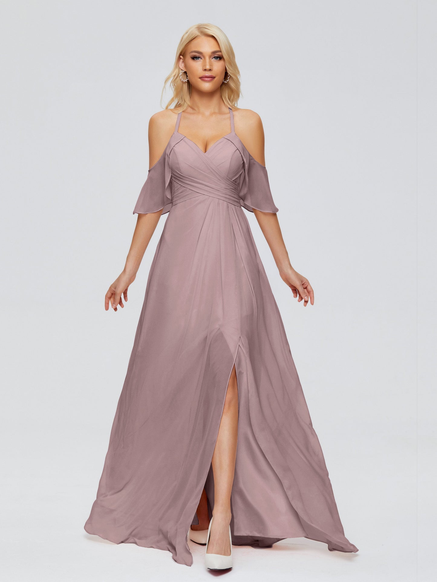 Taylor Off The Shoulder Split Chiffon Bridesmaid Dresses