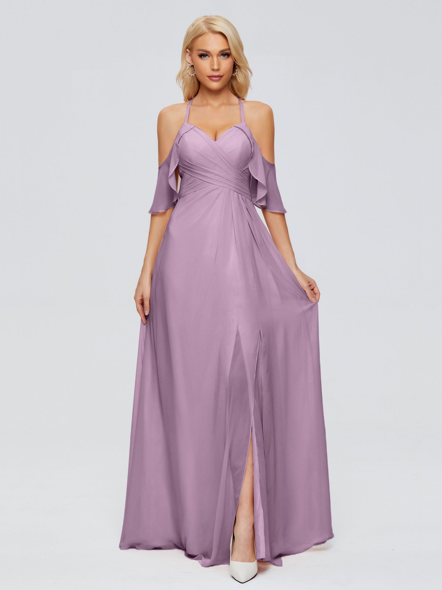 Taylor Off The Shoulder Split Chiffon Bridesmaid Dresses