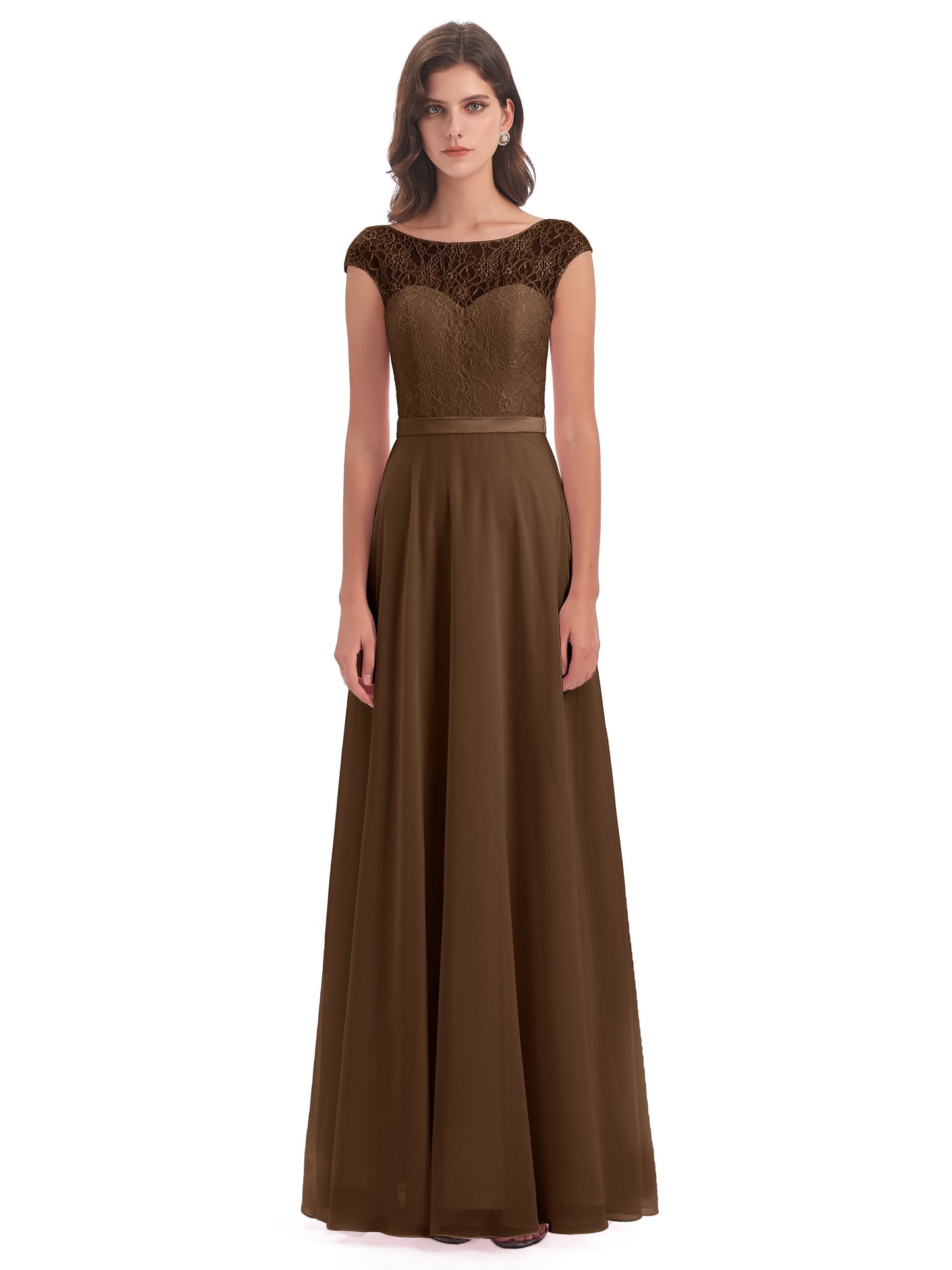 Treasure Cap Sleeves Lace Long Bridesmaid Dresses