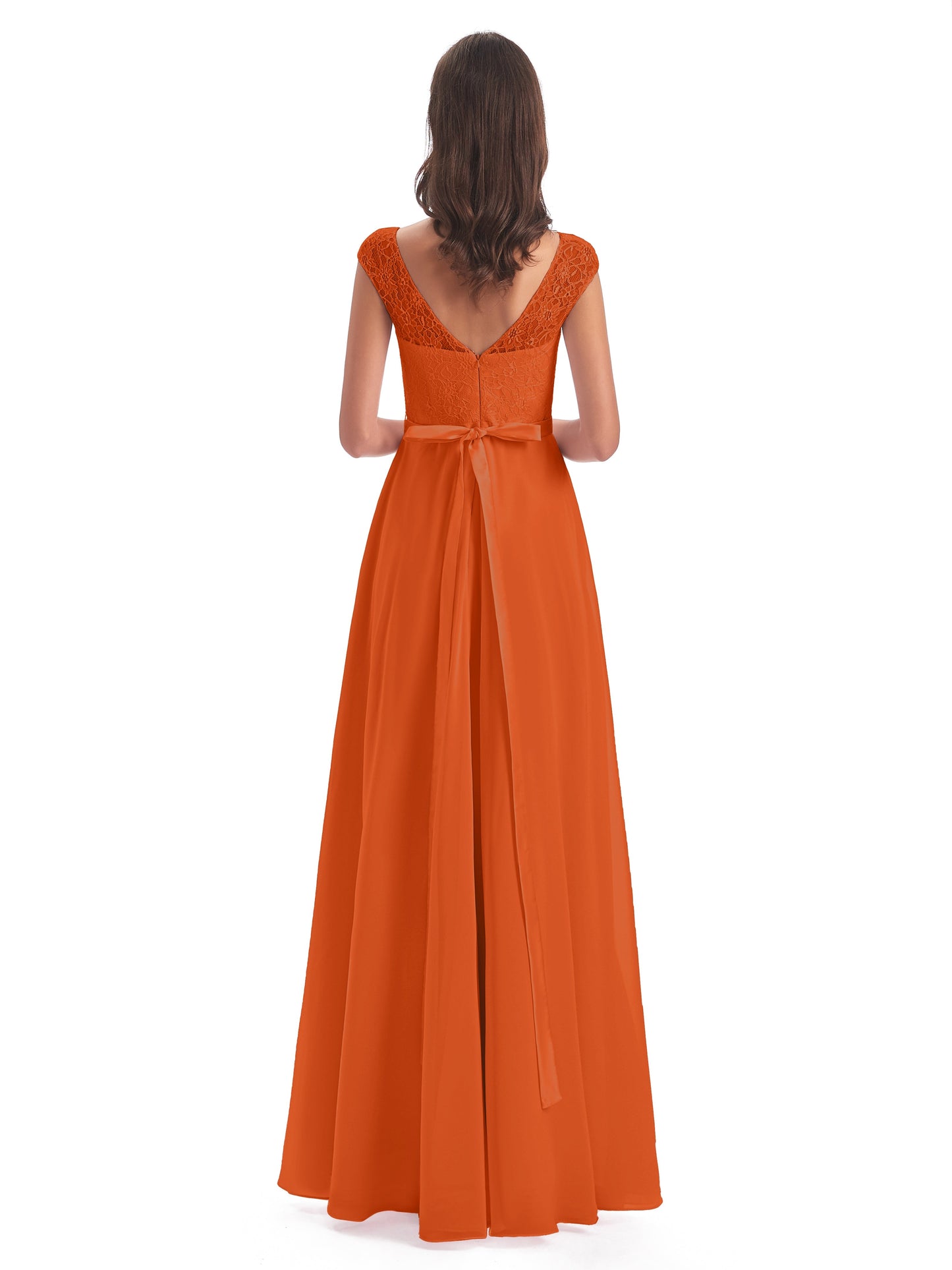 Treasure Cap Sleeves Lace Long Bridesmaid Dresses