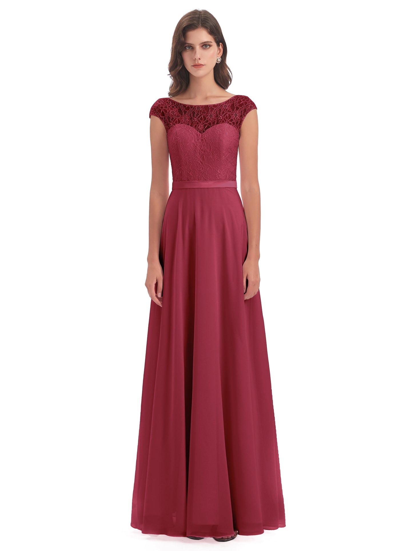 Treasure Cap Sleeves Lace Long Bridesmaid Dresses