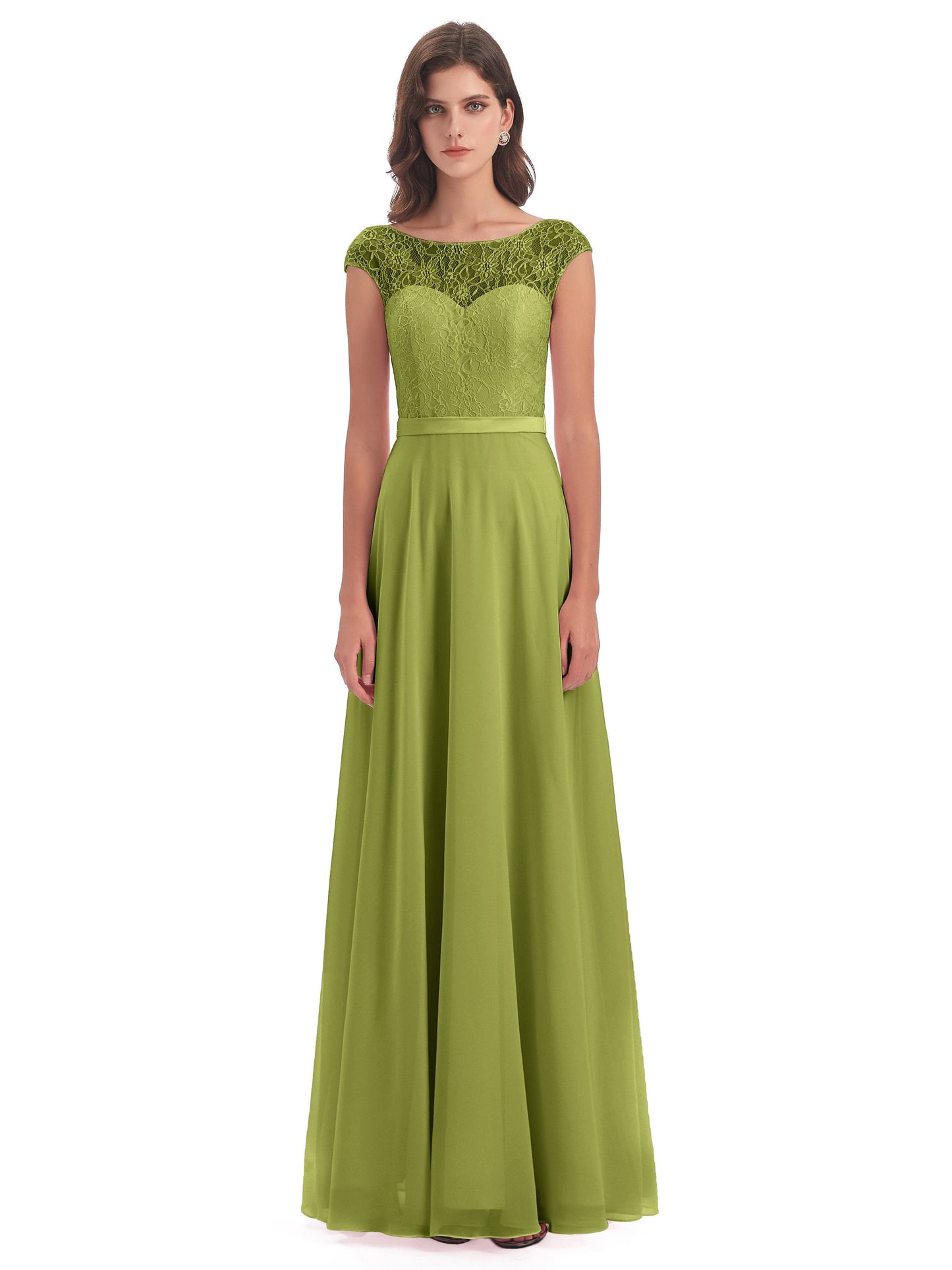 Treasure Cap Sleeves Lace Long Bridesmaid Dresses