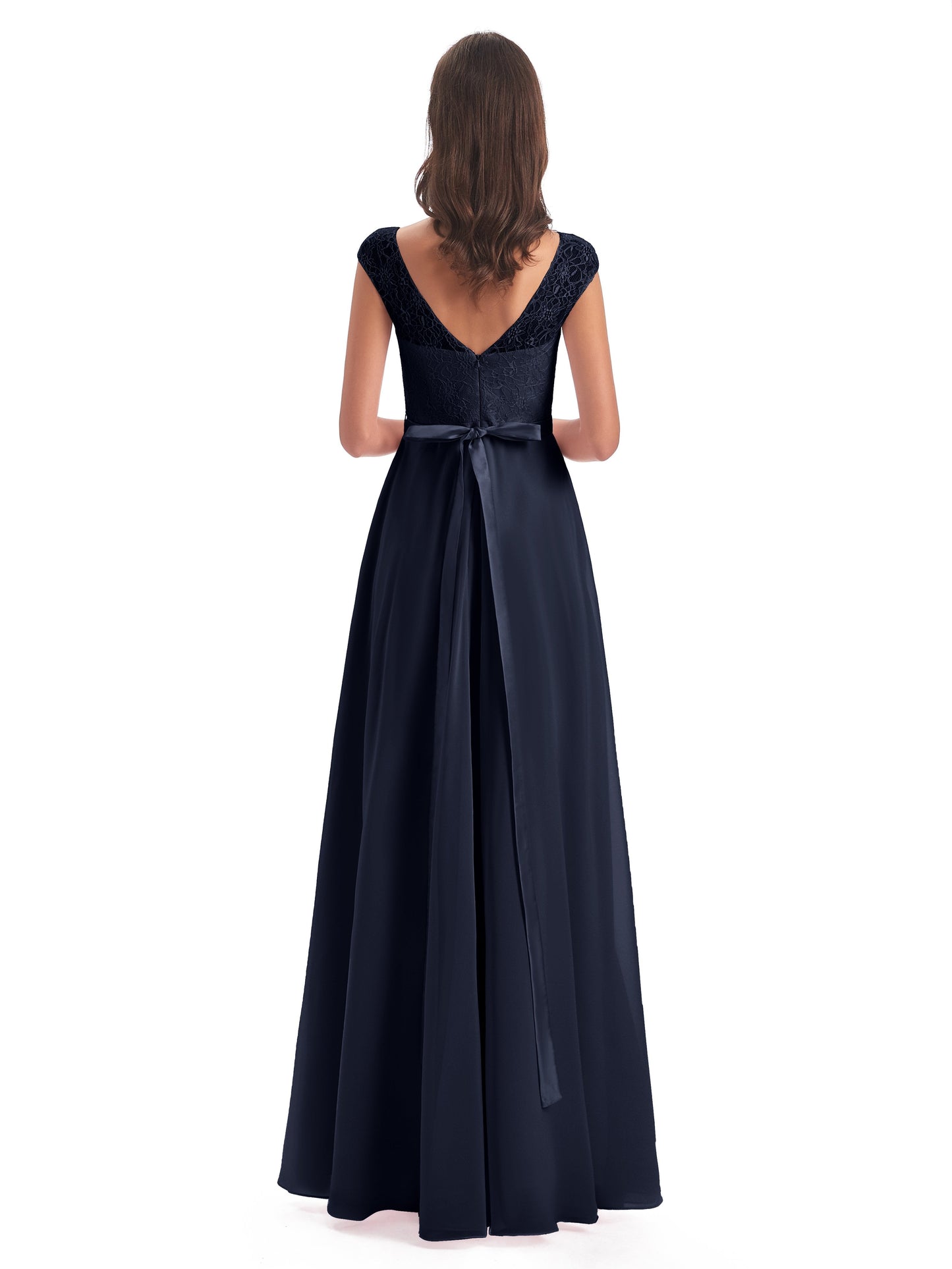 Treasure Cap Sleeves Lace Long Bridesmaid Dresses
