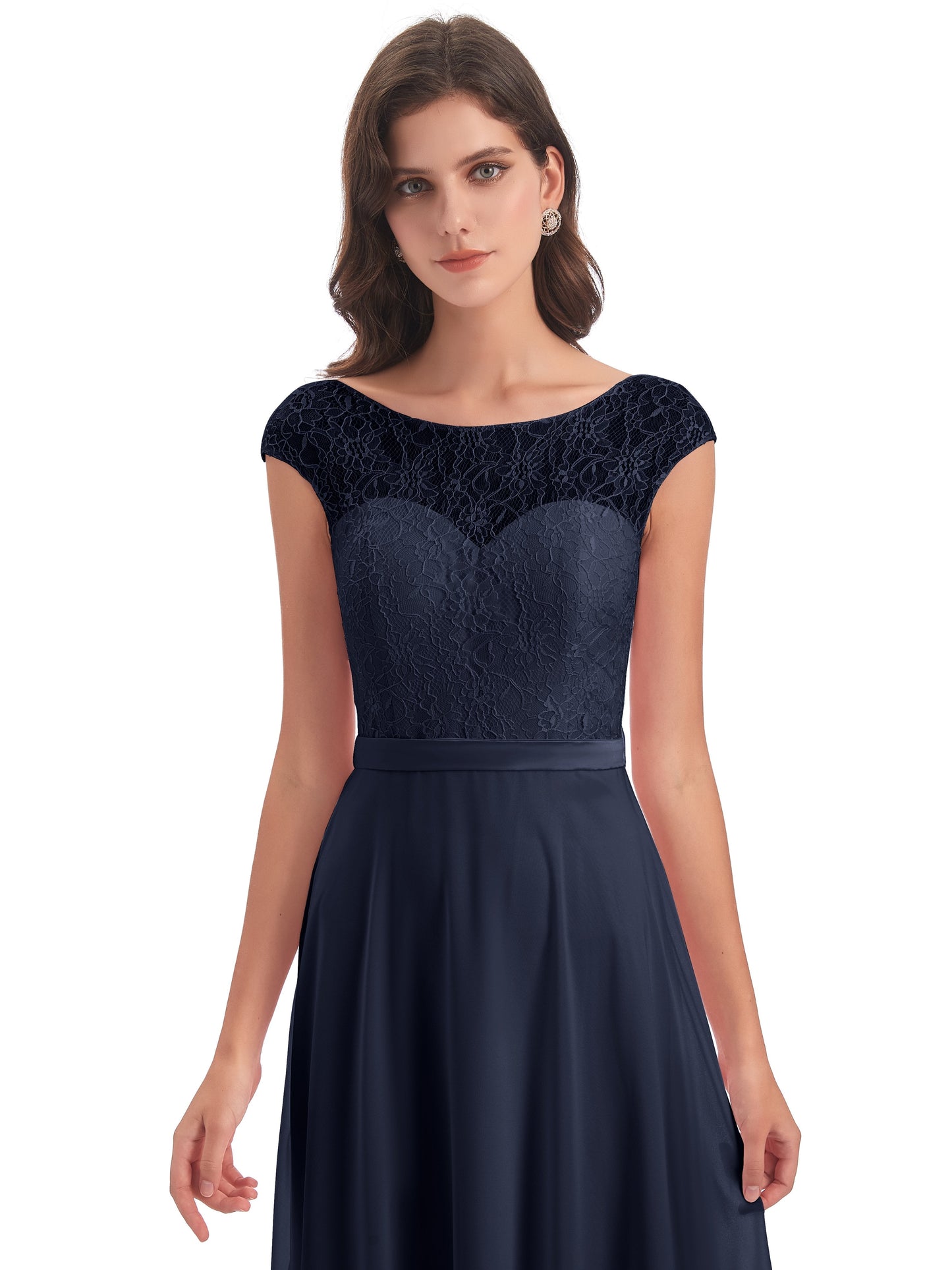 Treasure Cap Sleeves Lace Long Bridesmaid Dresses