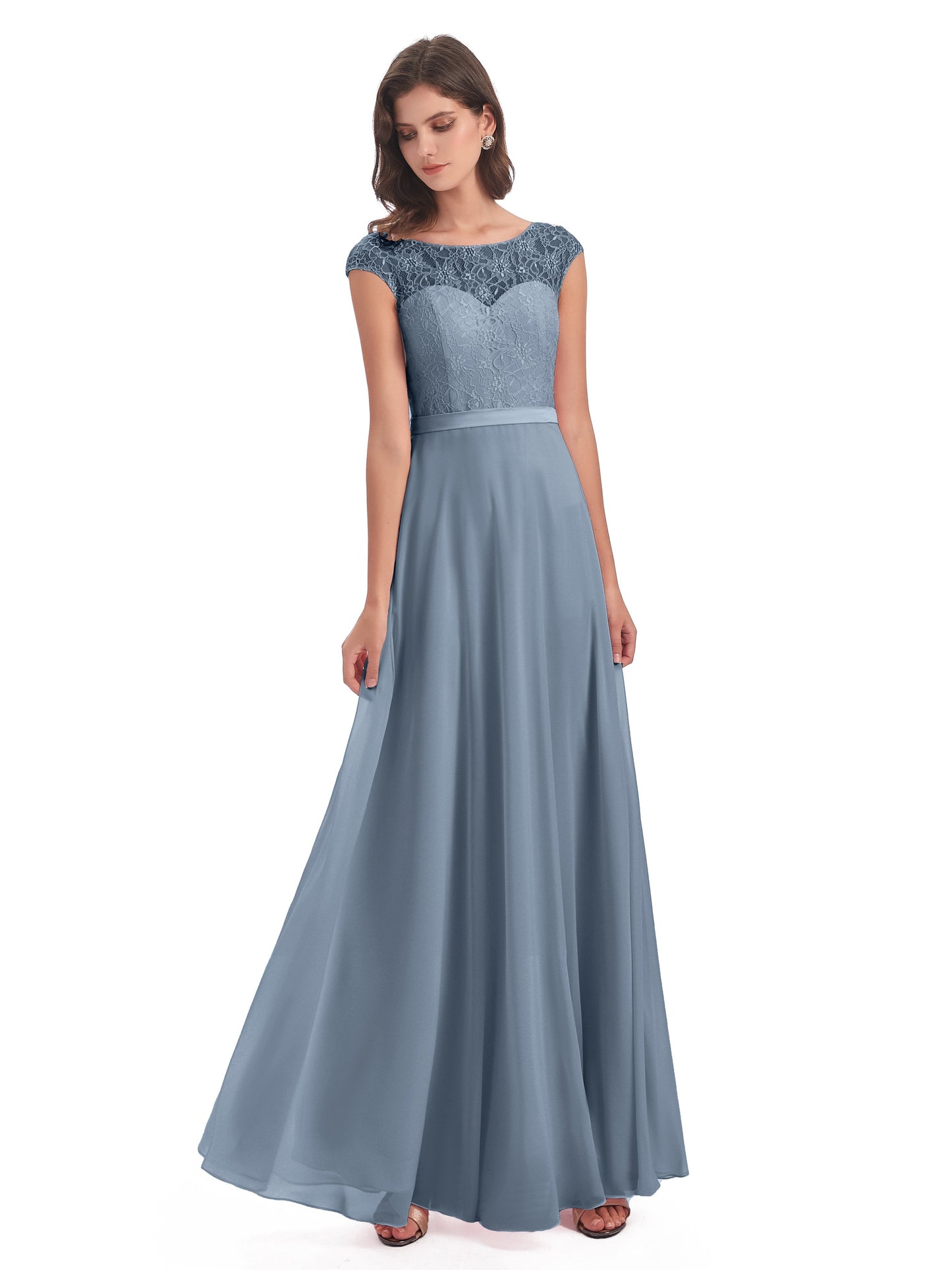 Treasure Cap Sleeves Lace Long Bridesmaid Dresses