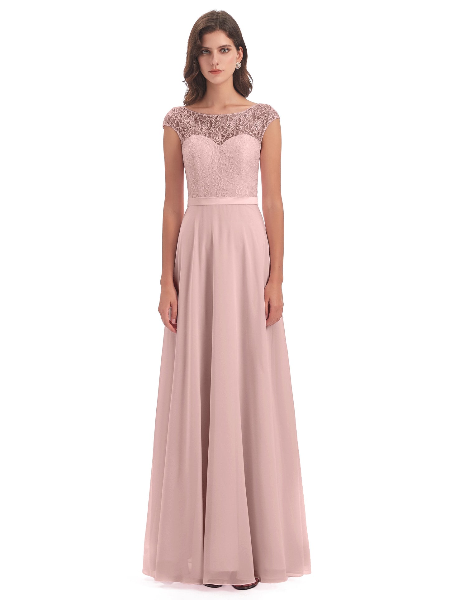 Treasure Cap Sleeves Lace Long Bridesmaid Dresses