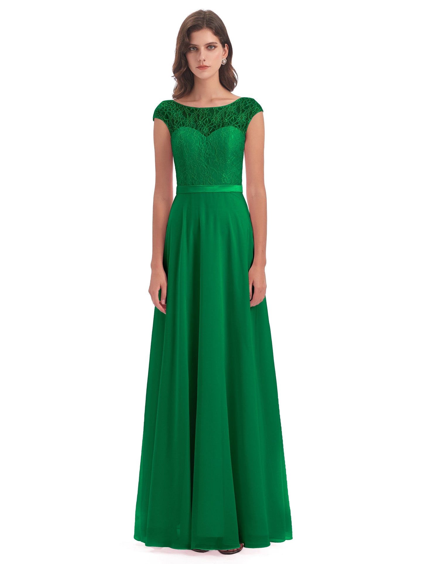 Treasure Cap Sleeves Lace Long Bridesmaid Dresses