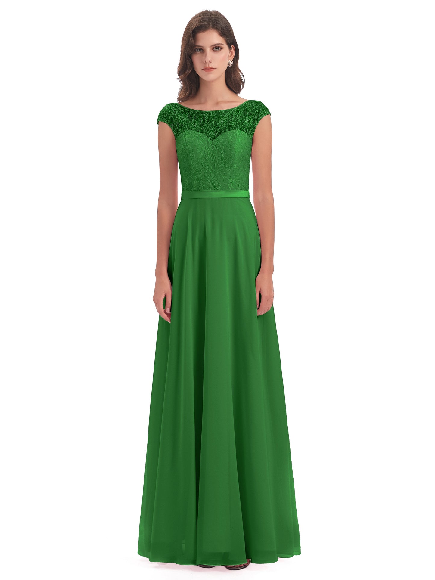 Treasure Cap Sleeves Lace Long Bridesmaid Dresses