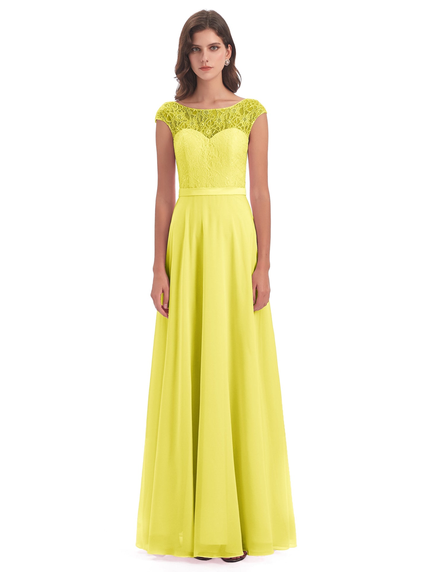 Treasure Cap Sleeves Lace Long Bridesmaid Dresses