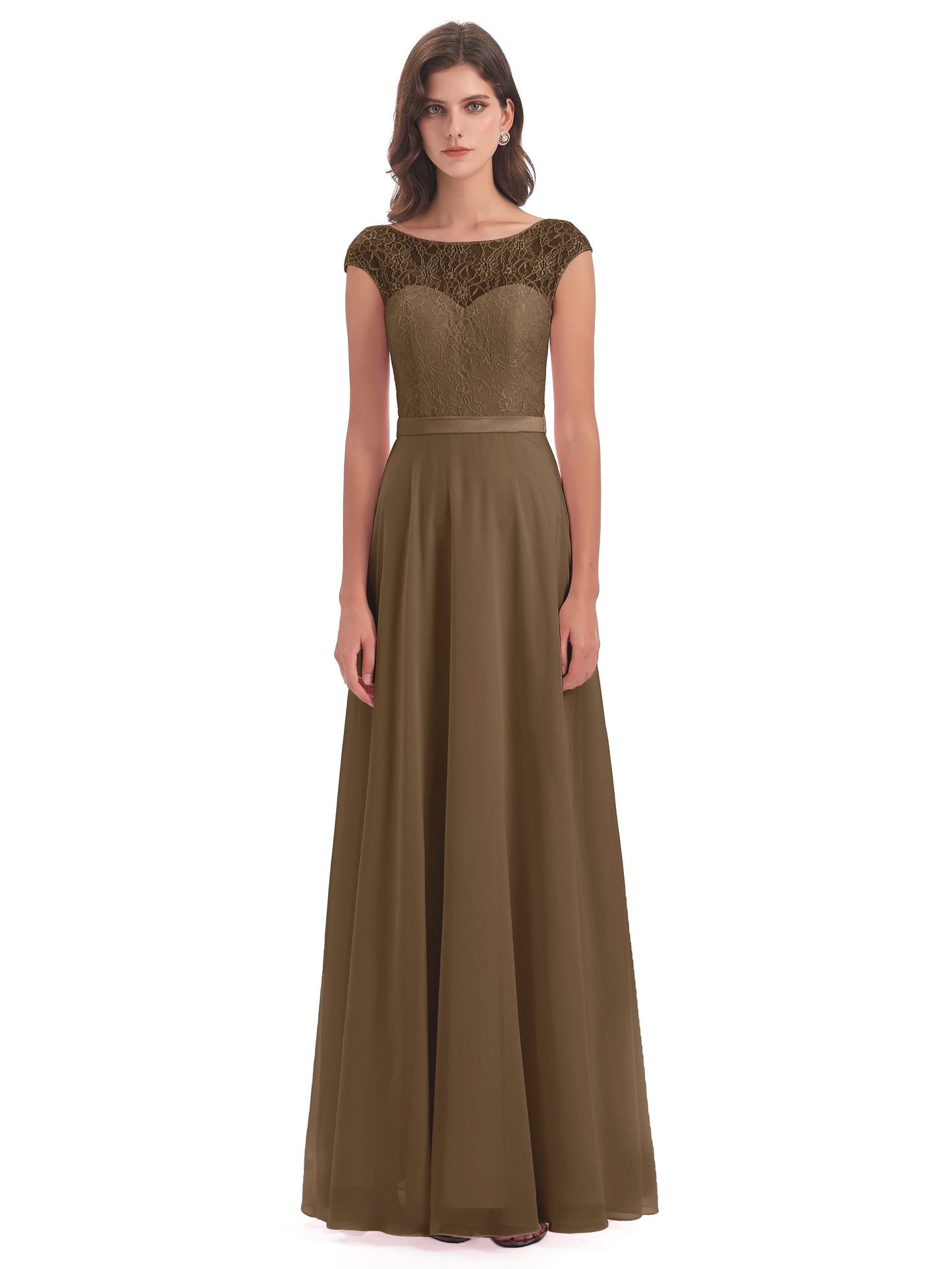 Treasure Cap Sleeves Lace Long Bridesmaid Dresses