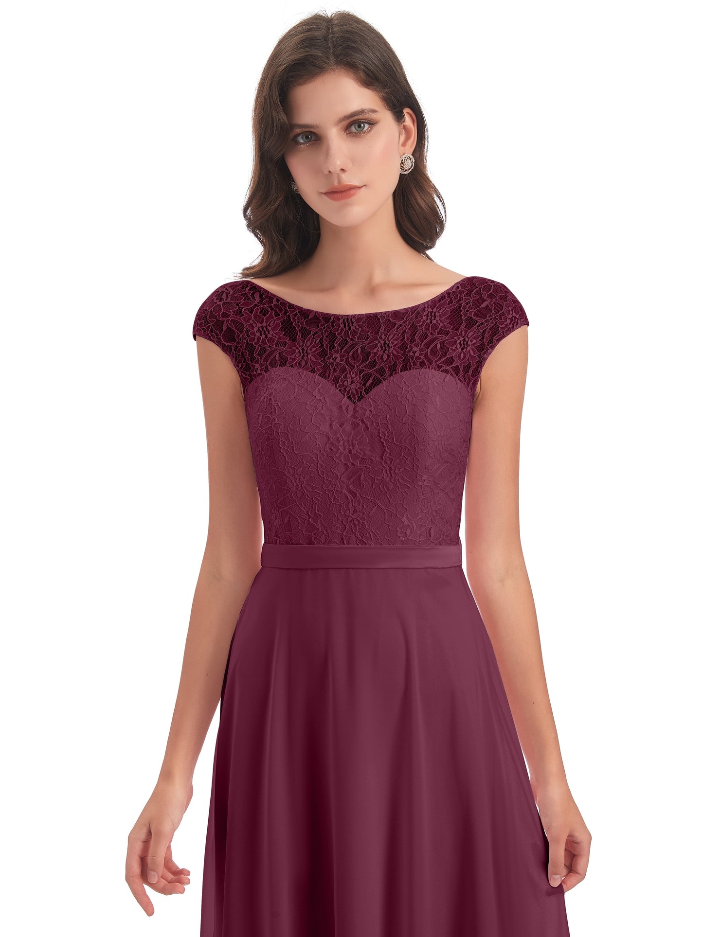 Treasure Cap Sleeves Lace Long Bridesmaid Dresses