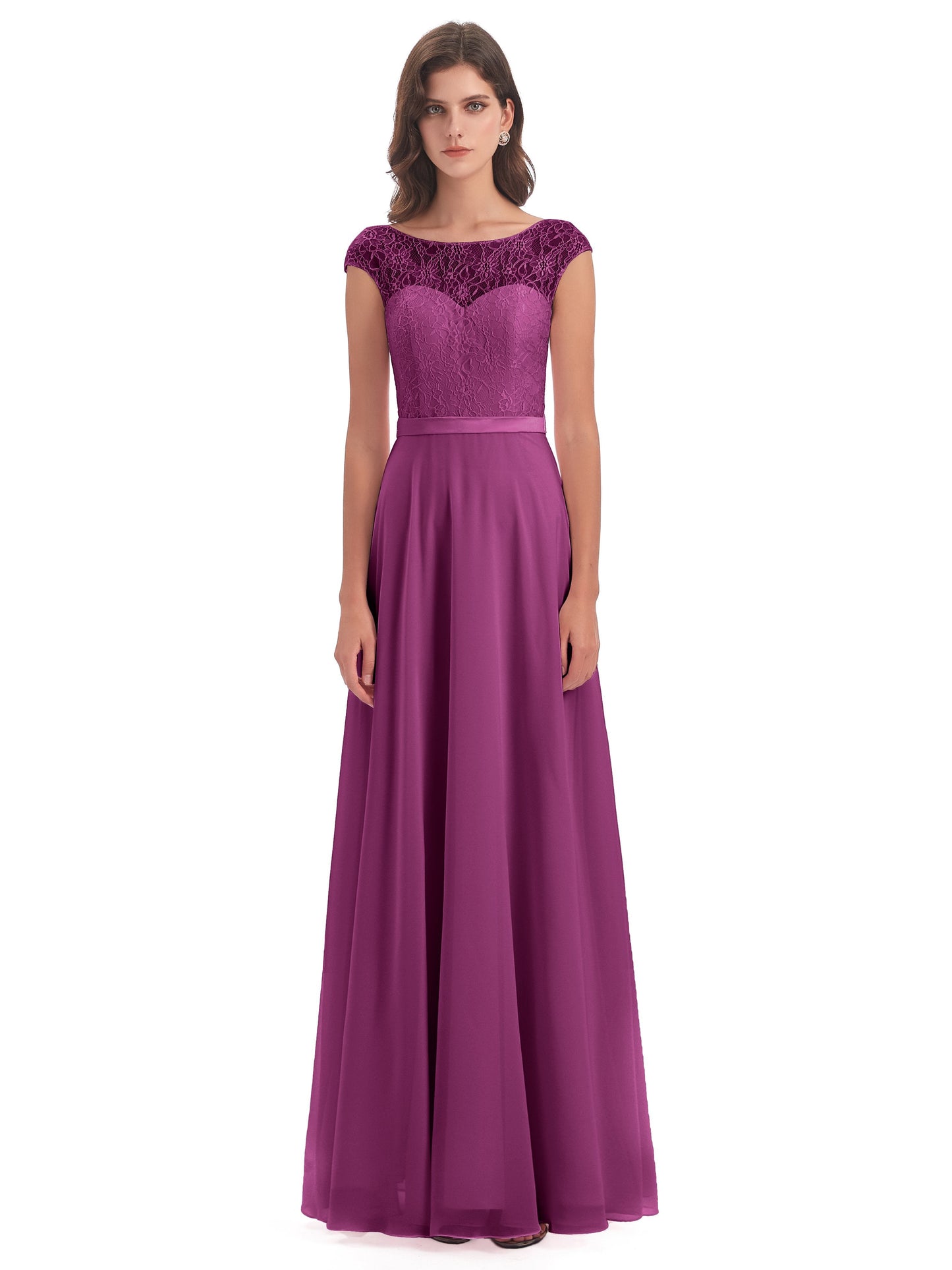 Treasure Cap Sleeves Lace Long Bridesmaid Dresses