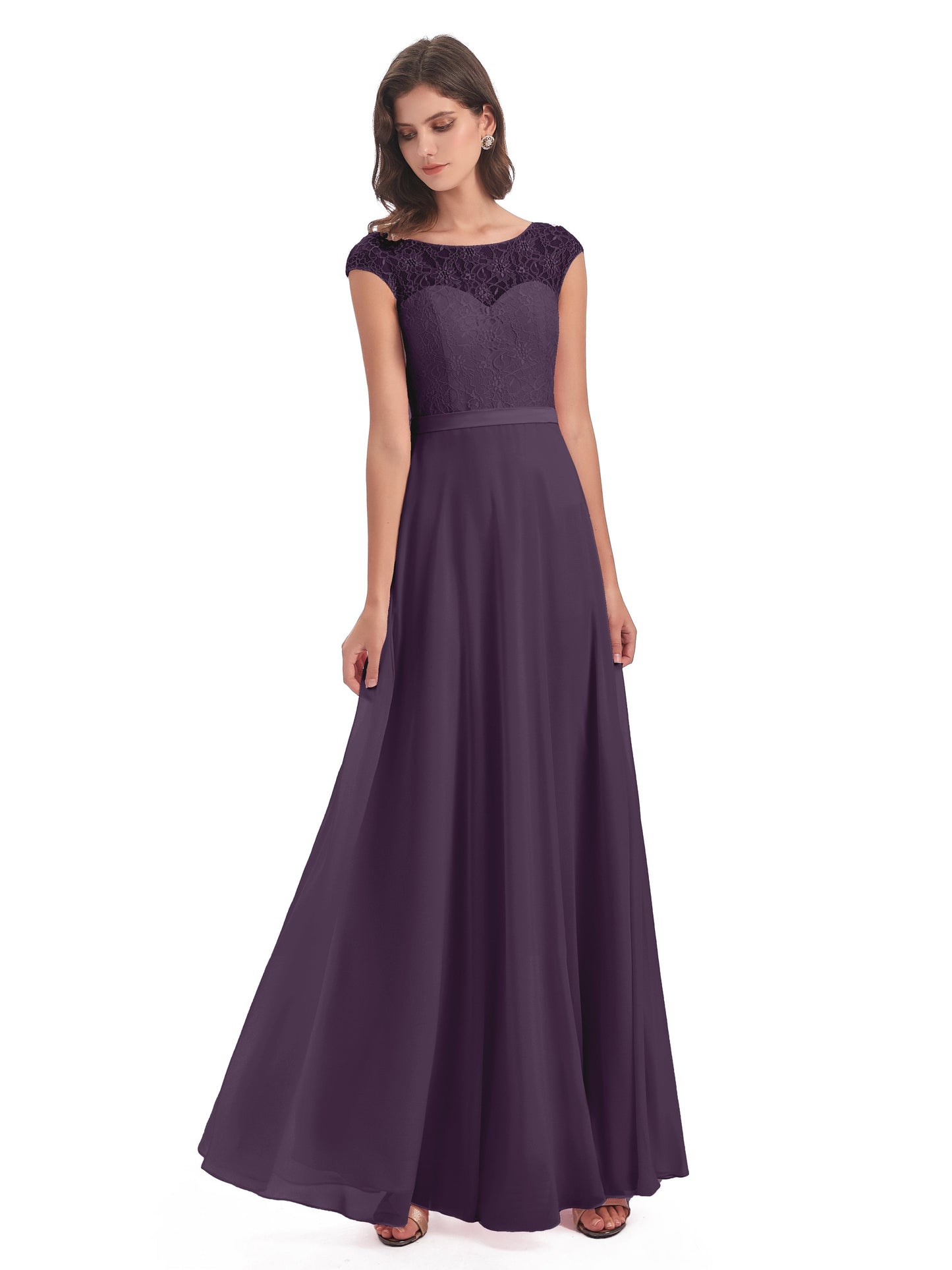 Treasure Cap Sleeves Lace Long Bridesmaid Dresses