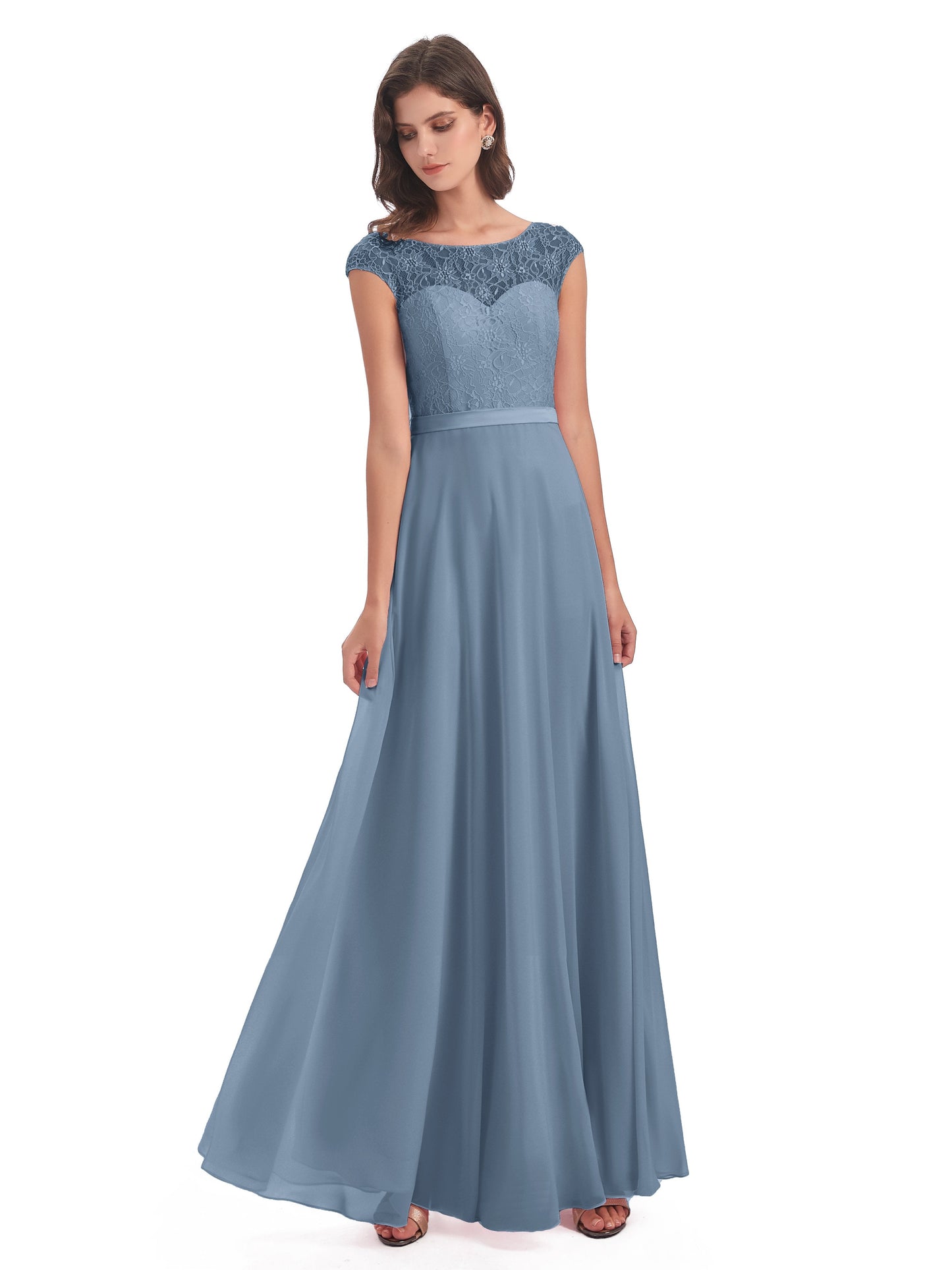 Treasure Cap Sleeves Lace Long Bridesmaid Dresses