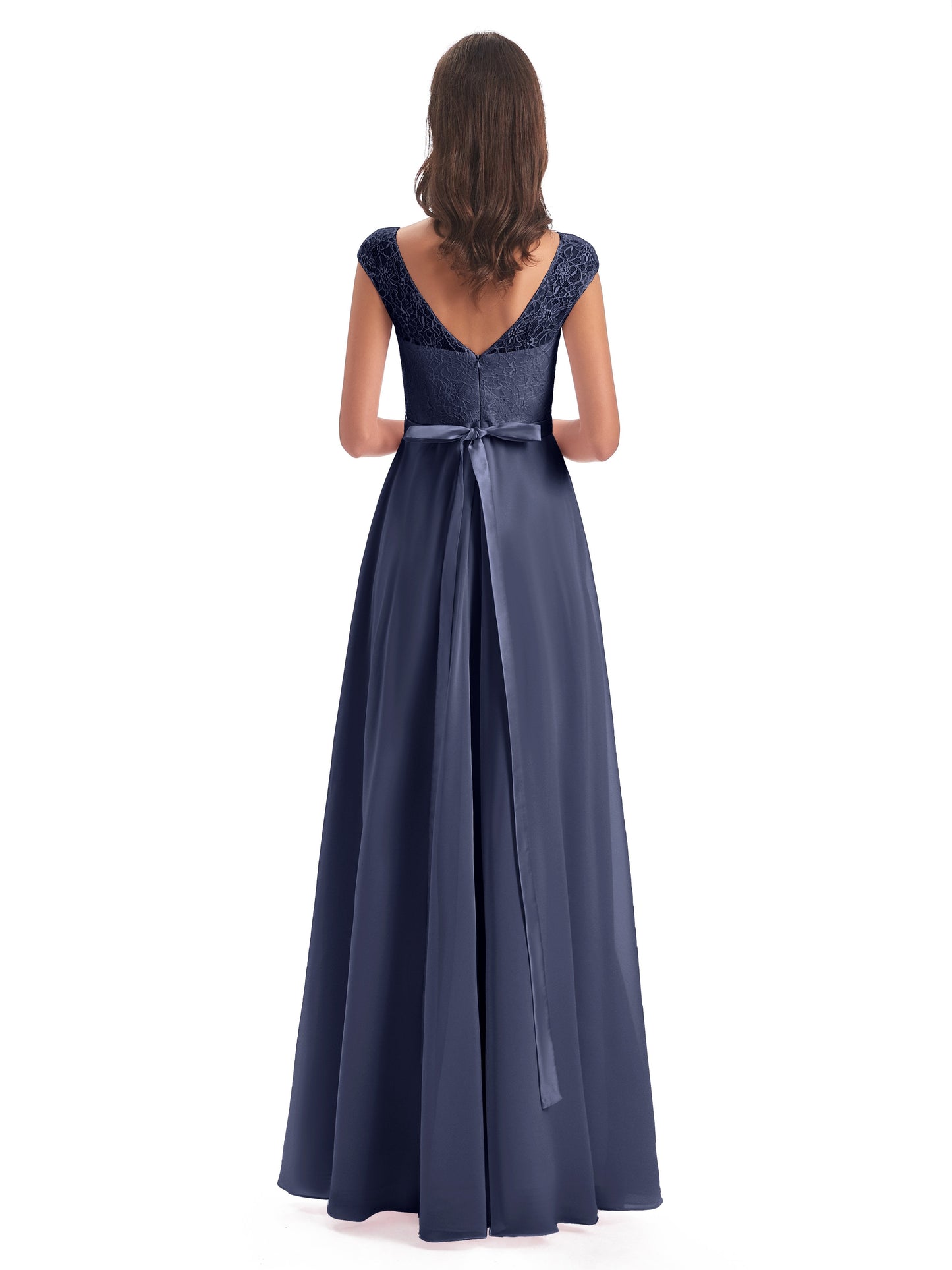 Treasure Cap Sleeves Lace Long Bridesmaid Dresses