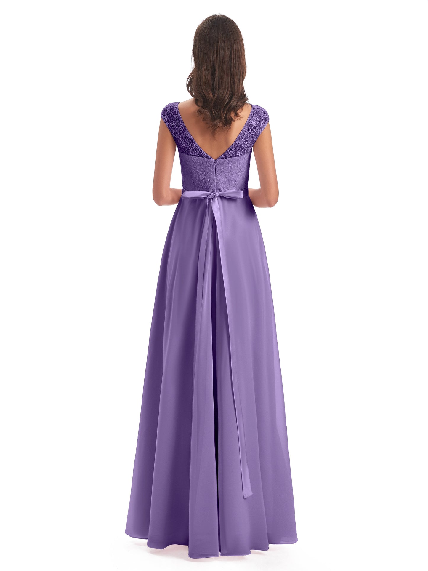 Treasure Cap Sleeves Lace Long Bridesmaid Dresses