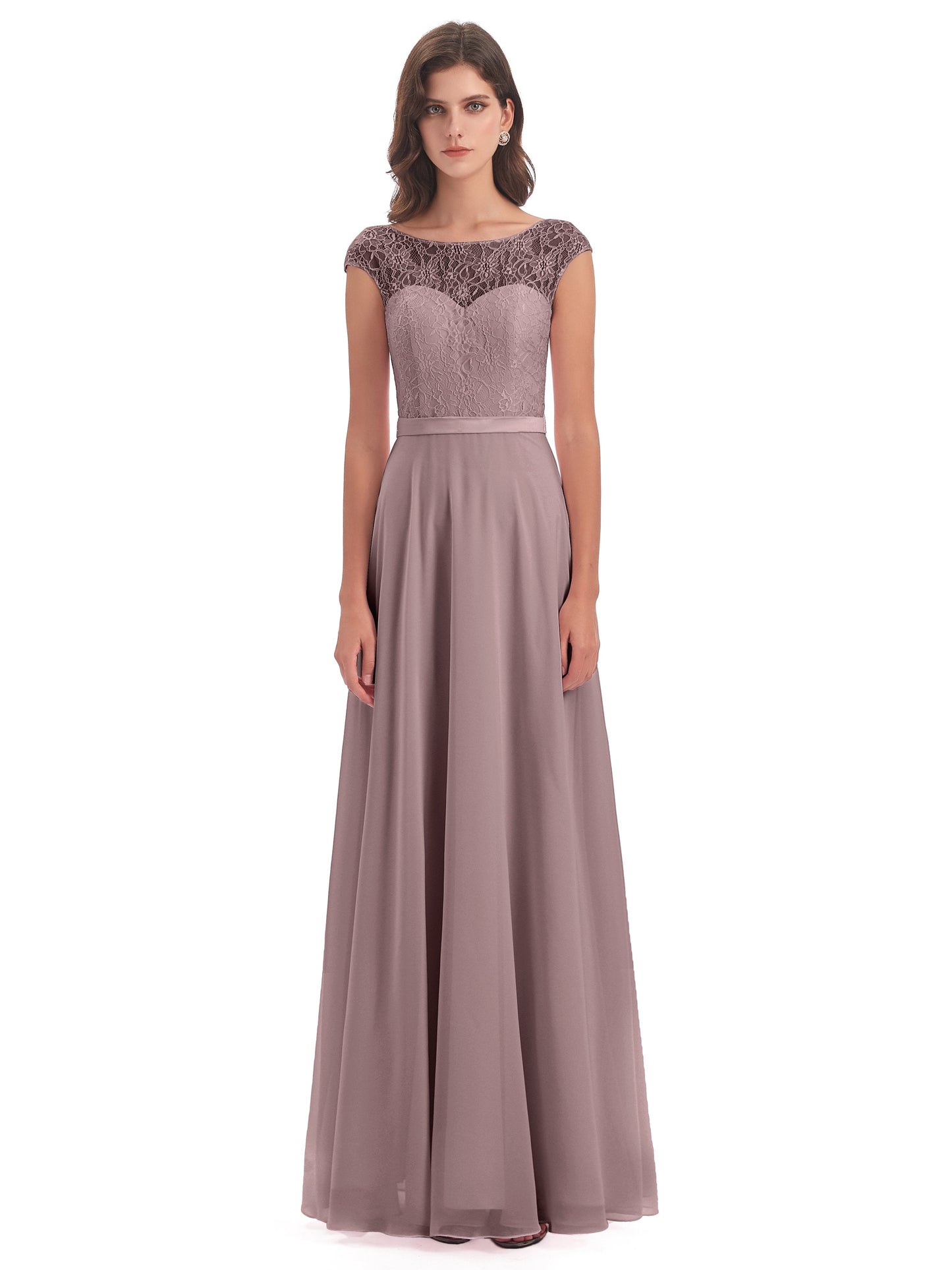 Treasure Cap Sleeves Lace Long Bridesmaid Dresses