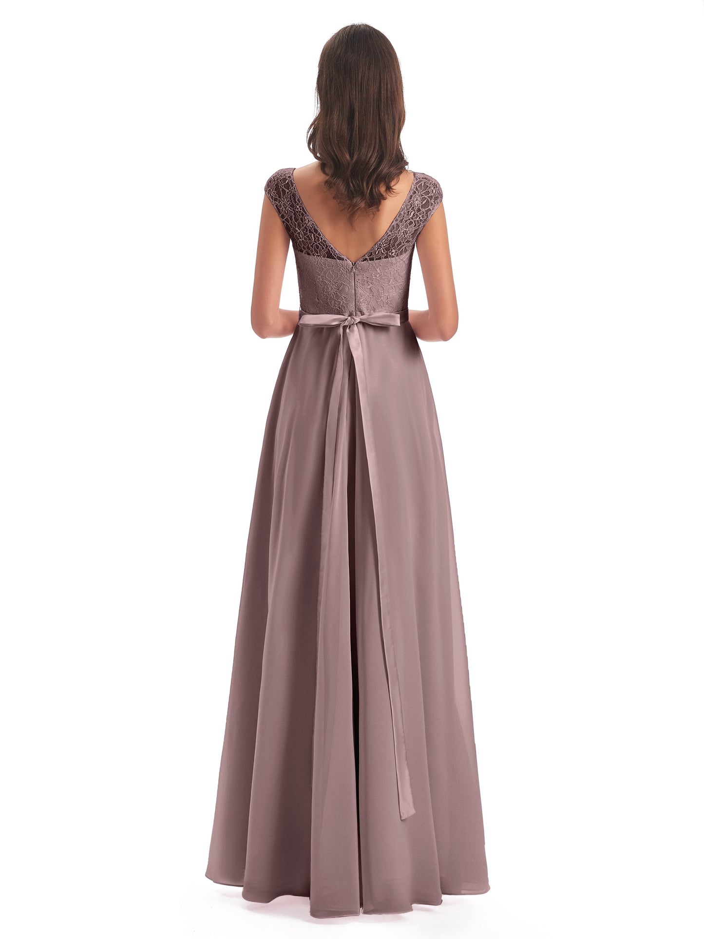 Treasure Cap Sleeves Lace Long Bridesmaid Dresses