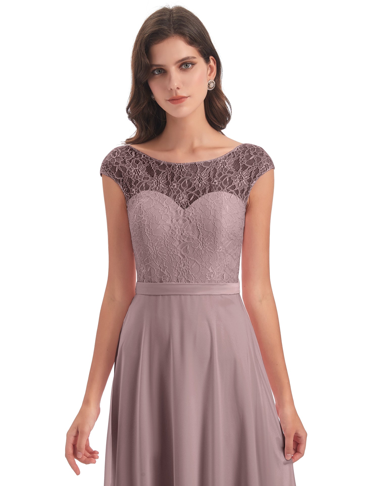 Treasure Cap Sleeves Lace Long Bridesmaid Dresses