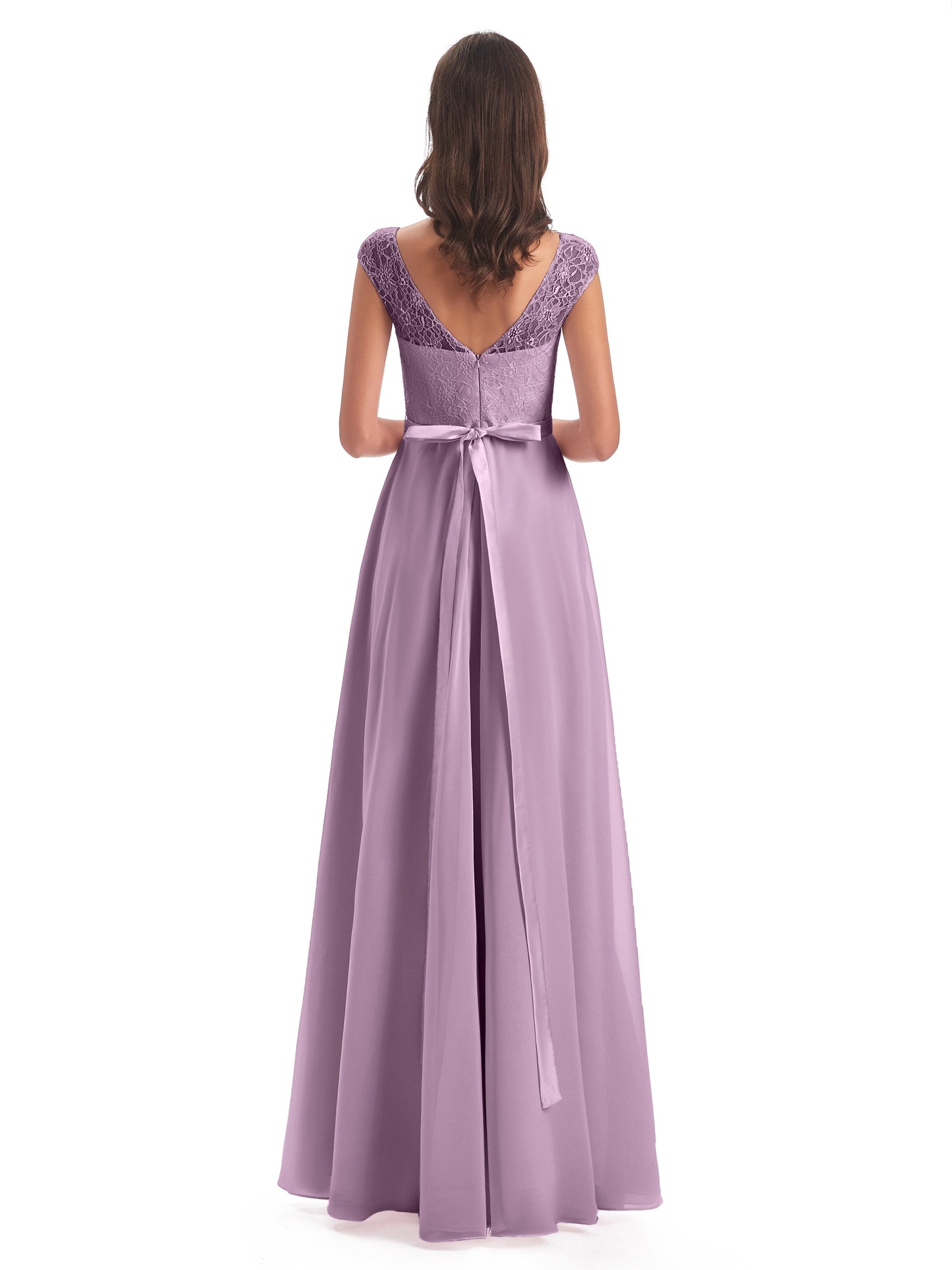 Treasure Cap Sleeves Lace Long Bridesmaid Dresses