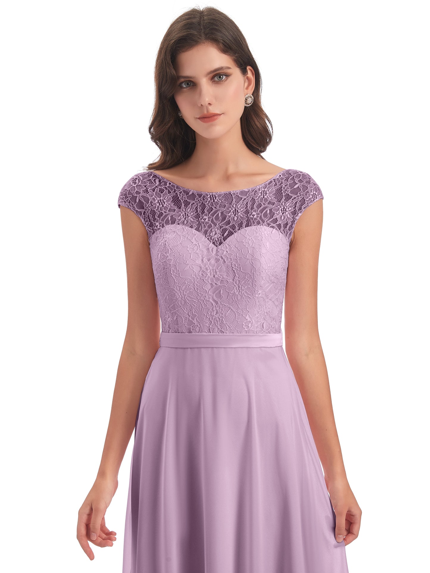 Treasure Cap Sleeves Lace Long Bridesmaid Dresses