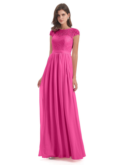 Yamileth A-line Floor Length Cap Sleeves Illusion Neckline Lace/Chiffon Long Bridesmaid Dresses