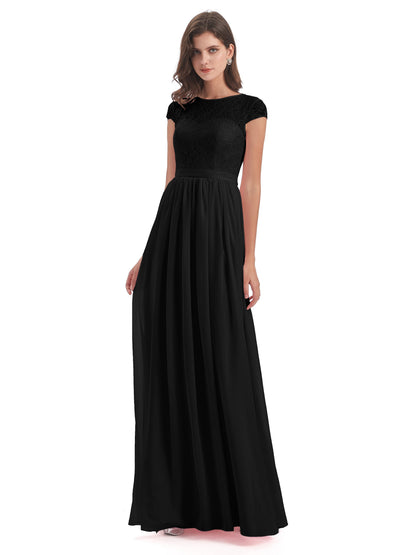 Yamileth A-line Floor Length Cap Sleeves Illusion Neckline Lace/Chiffon Long Bridesmaid Dresses