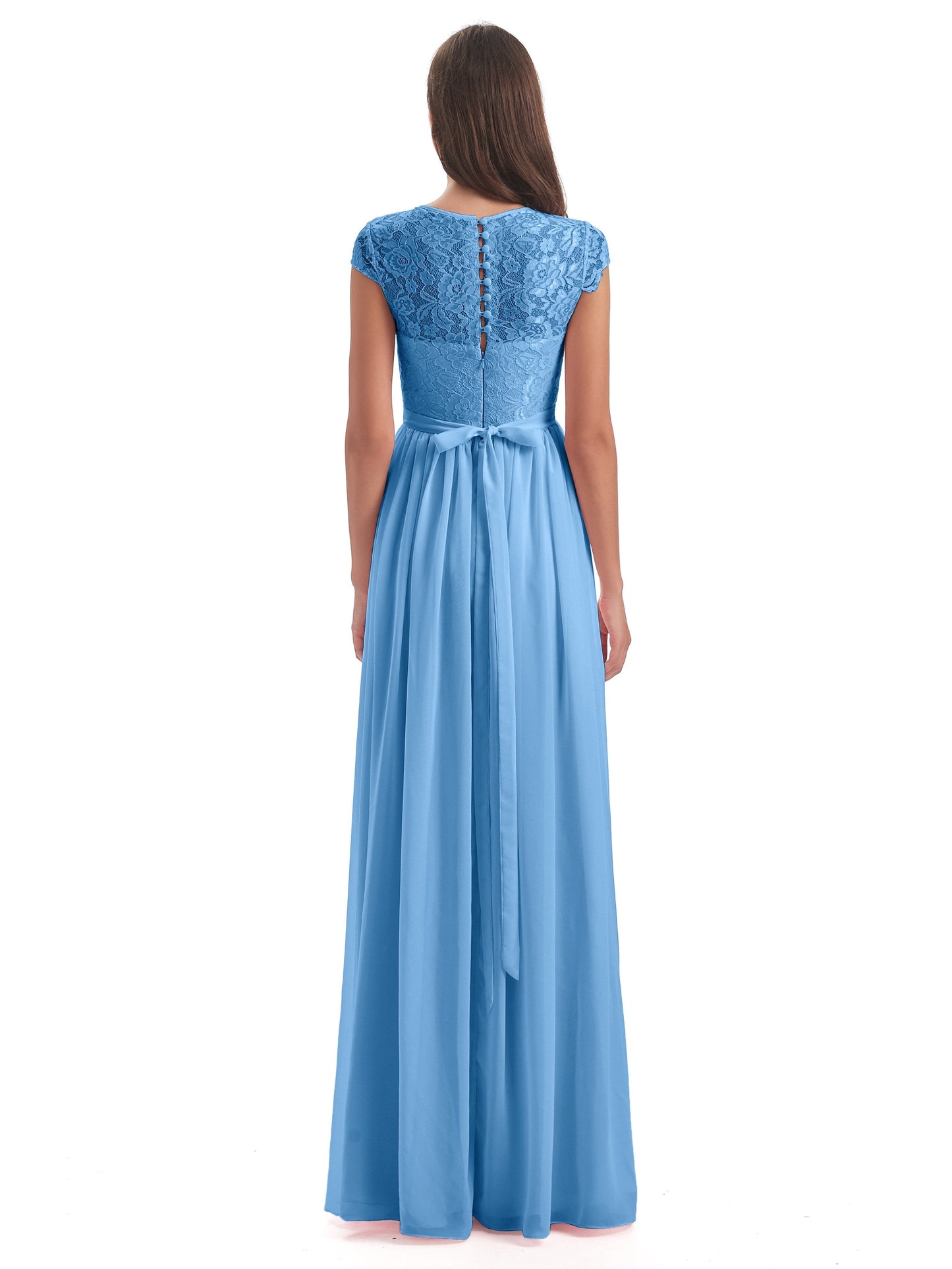Yamileth A-line Floor Length Cap Sleeves Illusion Neckline Lace/Chiffon Long Bridesmaid Dresses