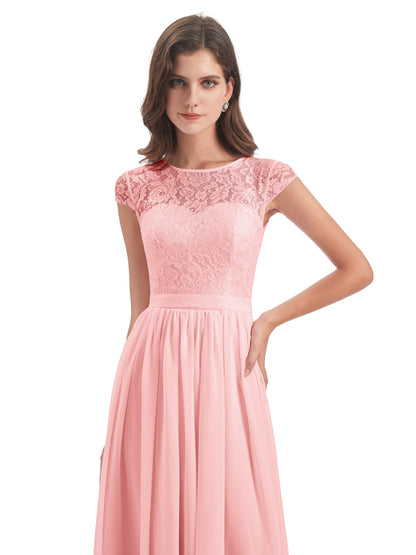 Yamileth A-line Floor Length Cap Sleeves Illusion Neckline Lace/Chiffon Long Bridesmaid Dresses