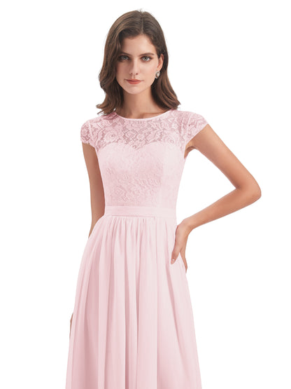 Yamileth A-line Floor Length Cap Sleeves Illusion Neckline Lace/Chiffon Long Bridesmaid Dresses