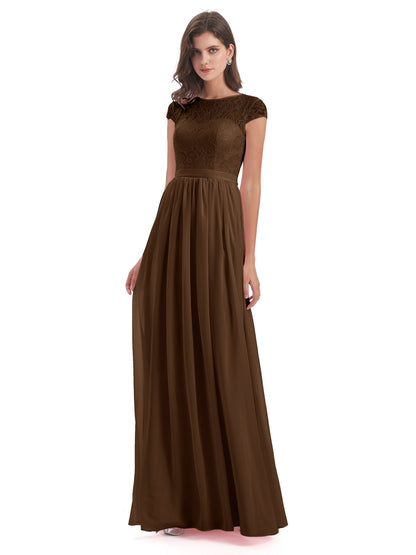 Yamileth A-line Floor Length Cap Sleeves Illusion Neckline Lace/Chiffon Long Bridesmaid Dresses