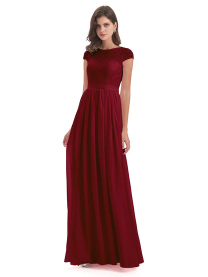 Yamileth A-line Floor Length Cap Sleeves Illusion Neckline Lace/Chiffon Long Bridesmaid Dresses