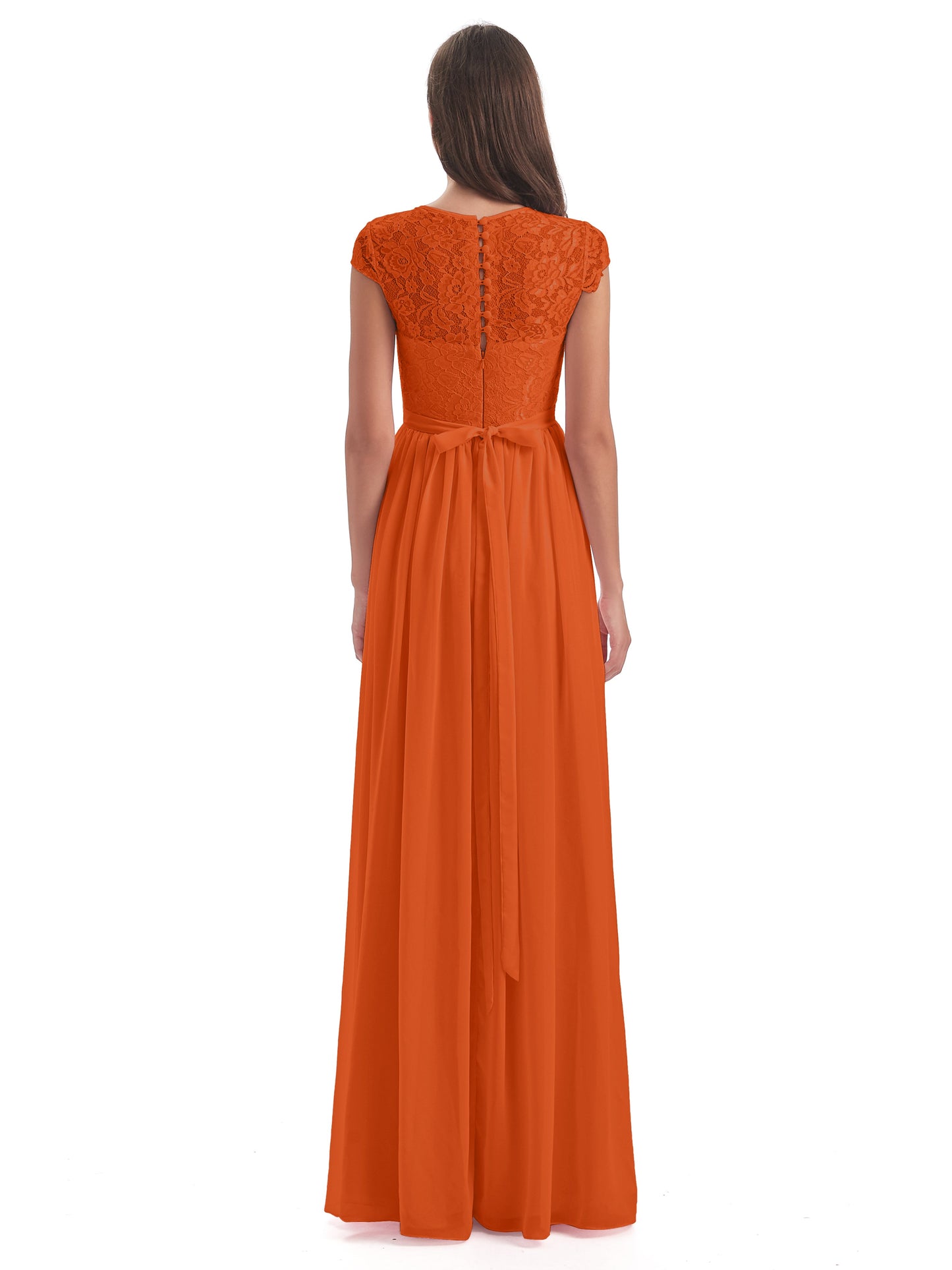 Yamileth A-line Floor Length Cap Sleeves Illusion Neckline Lace/Chiffon Long Bridesmaid Dresses