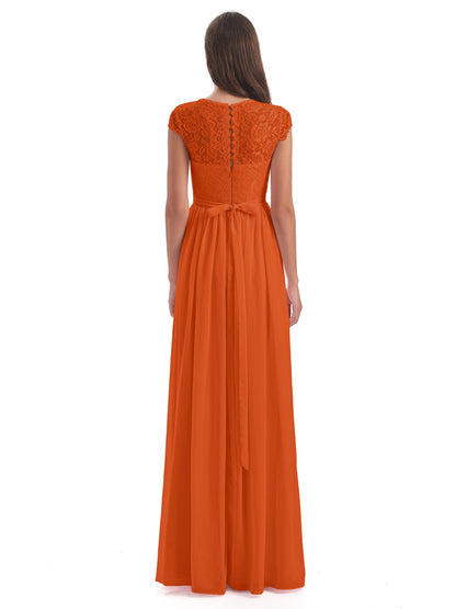 Yamileth A-line Floor Length Cap Sleeves Illusion Neckline Lace/Chiffon Long Bridesmaid Dresses