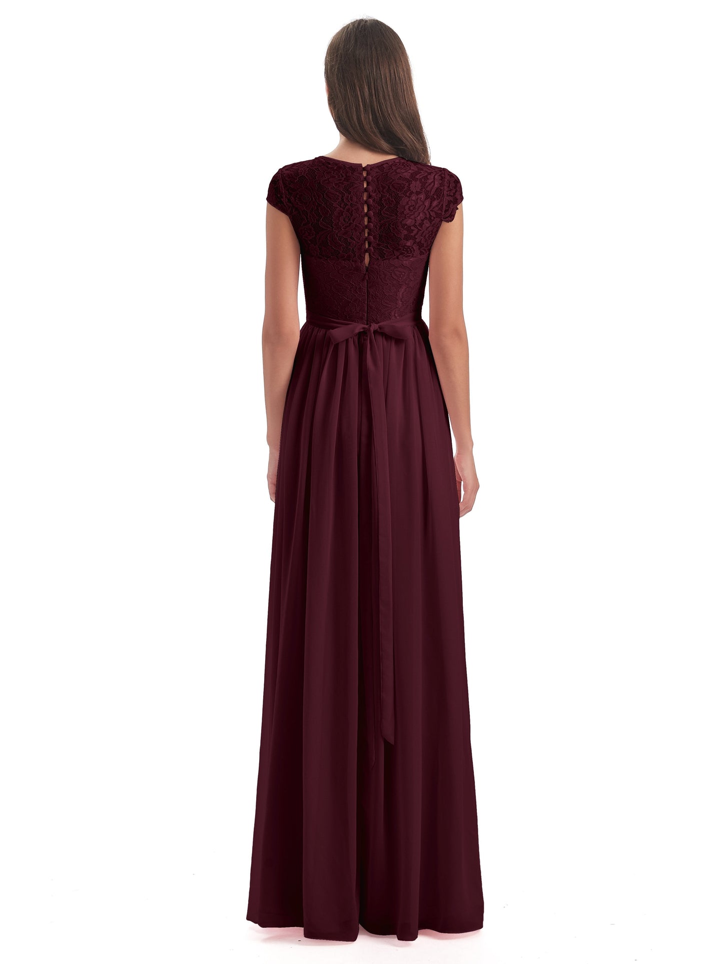 Yamileth A-line Floor Length Cap Sleeves Illusion Neckline Lace/Chiffon Long Bridesmaid Dresses