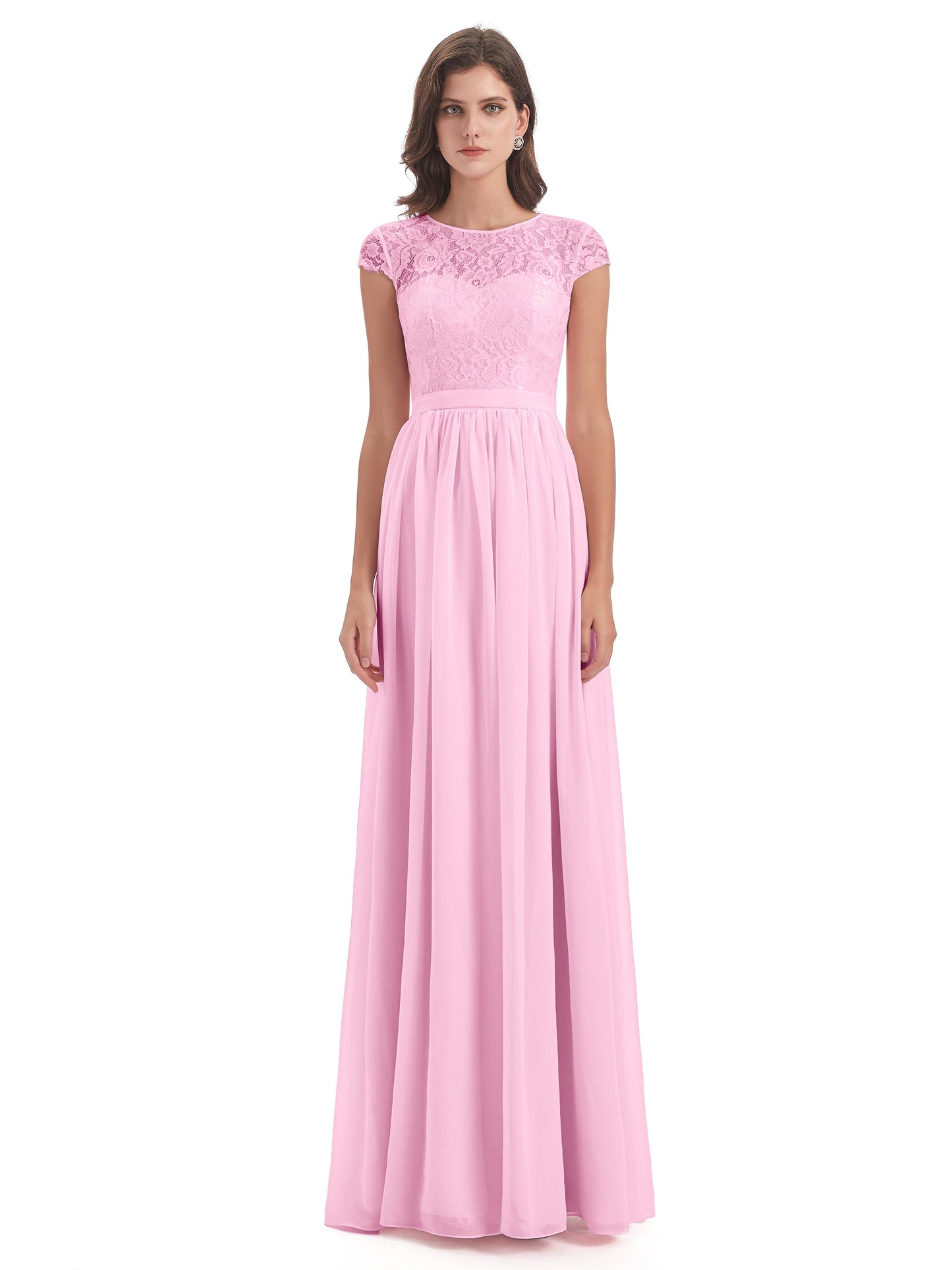 Yamileth A-line Floor Length Cap Sleeves Illusion Neckline Lace/Chiffon Long Bridesmaid Dresses